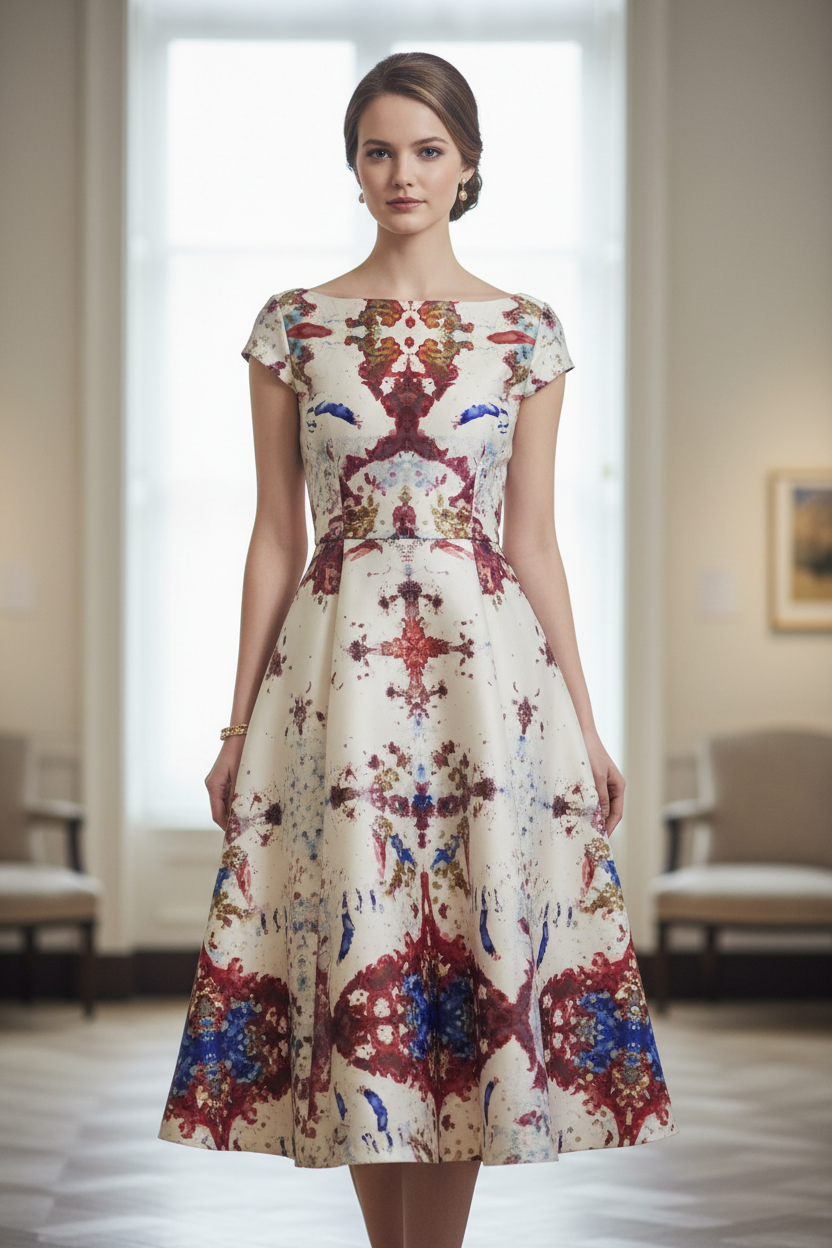 A-line boat neck dress with Teegan fabric