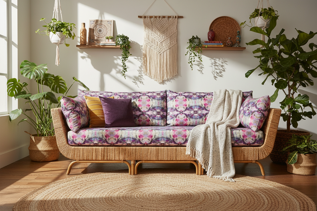Boho style sofa with Nancy fabric