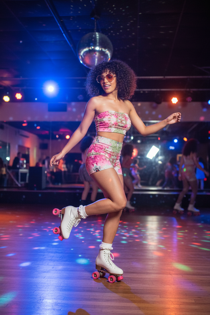 Booty shorts, tube top and roller skates with Audre fabric
