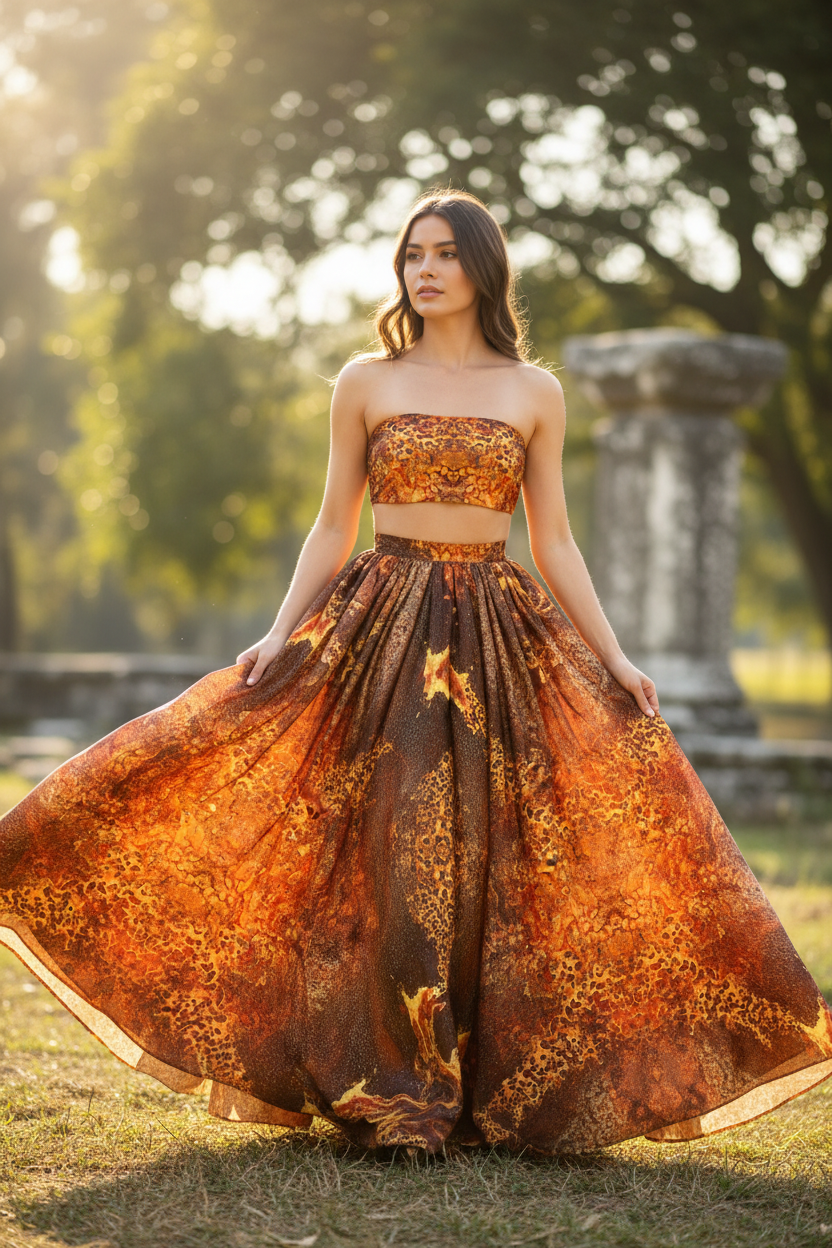 Flowing skirt and bandeau bra with Fiona fabric