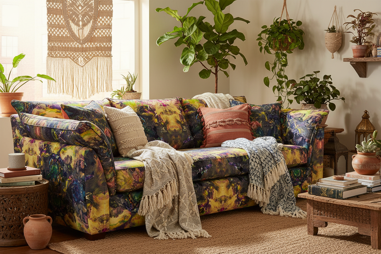Overstuffed boho sofa with Victoria fabric