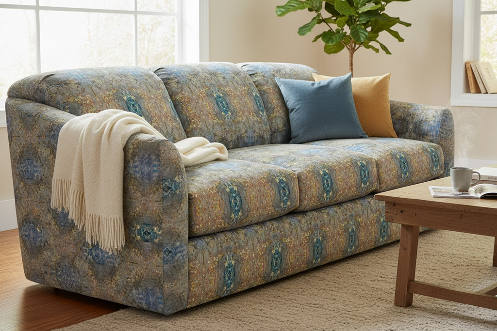Overstuffed comfy sofa with Ione fabric