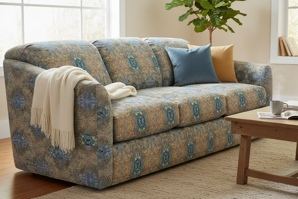 Overstuffed comfy sofa with Ione fabric
