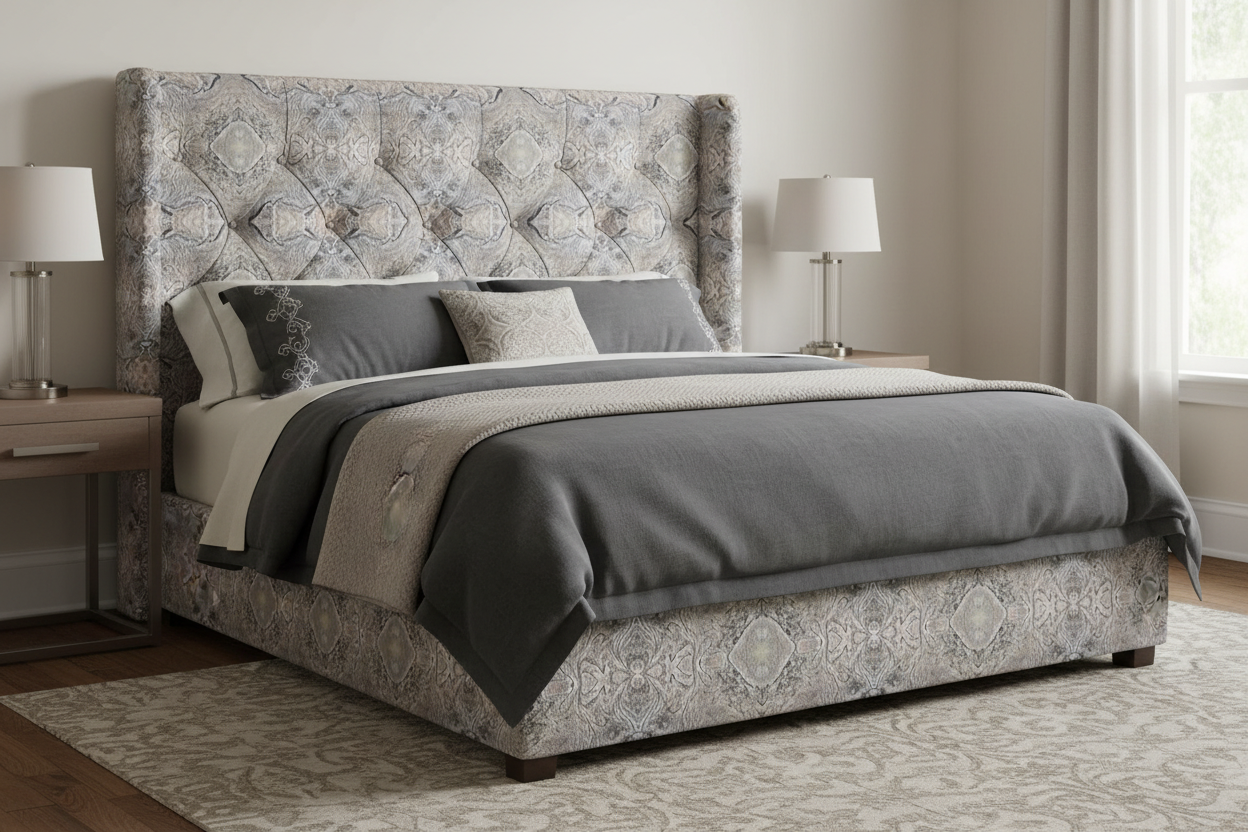 Tufted headboard with Her name wasn't violet fabric